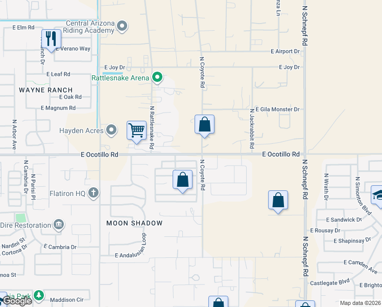 map of restaurants, bars, coffee shops, grocery stores, and more near 2517 East Ocotillo Road in San Tan Valley