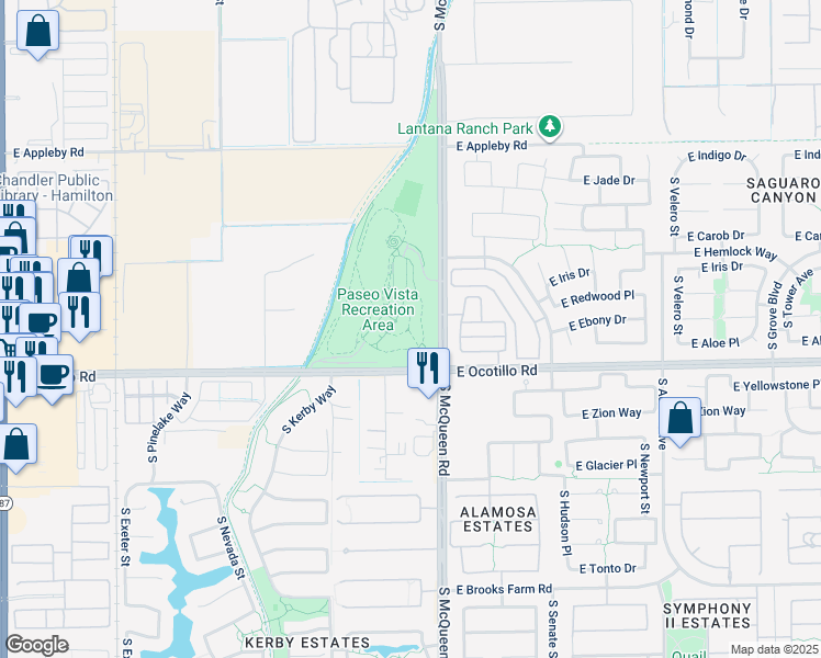 map of restaurants, bars, coffee shops, grocery stores, and more near 3850 South McQueen Road in Chandler