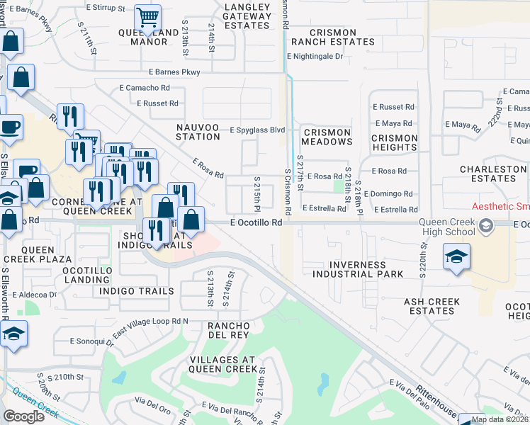 map of restaurants, bars, coffee shops, grocery stores, and more near 21942 South 215th Place in Queen Creek
