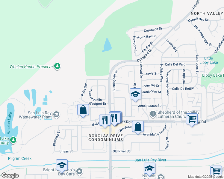map of restaurants, bars, coffee shops, grocery stores, and more near 741 Sunningdale Drive in Oceanside