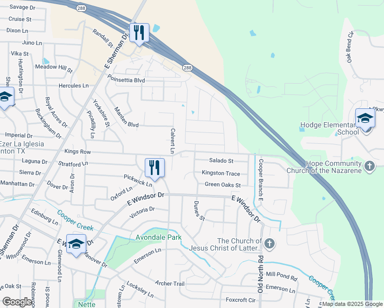 map of restaurants, bars, coffee shops, grocery stores, and more near 2210 Kings Row in Denton