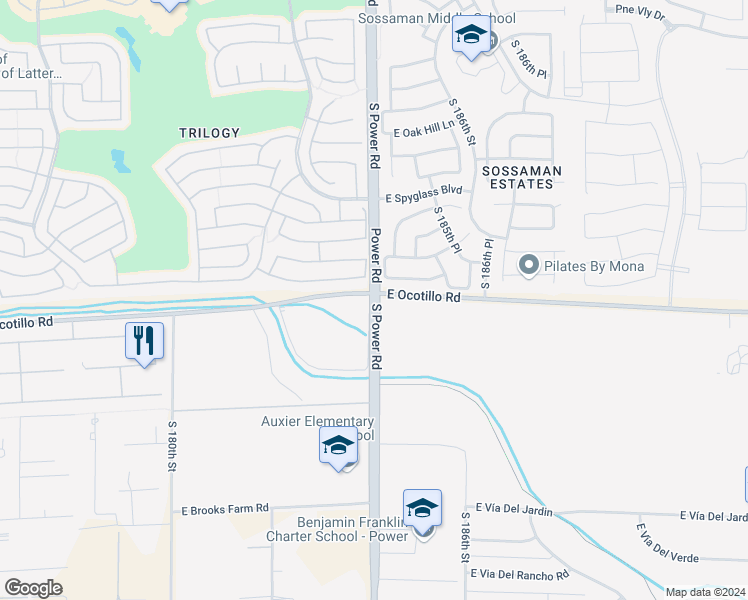 map of restaurants, bars, coffee shops, grocery stores, and more near 22002 South Power Road in Queen Creek