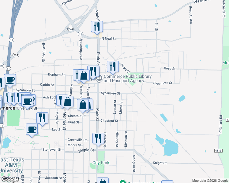 map of restaurants, bars, coffee shops, grocery stores, and more near 909 Sycamore Street in Commerce