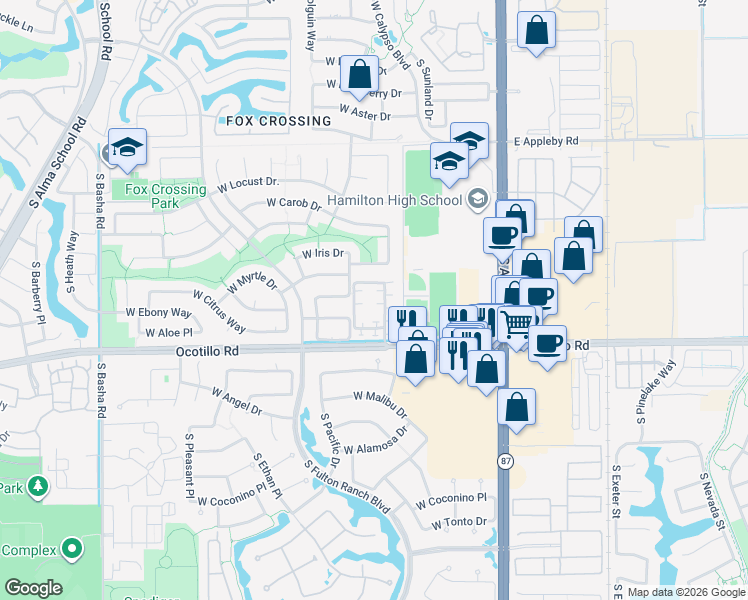 map of restaurants, bars, coffee shops, grocery stores, and more near 3949 South Illinois Street in Chandler