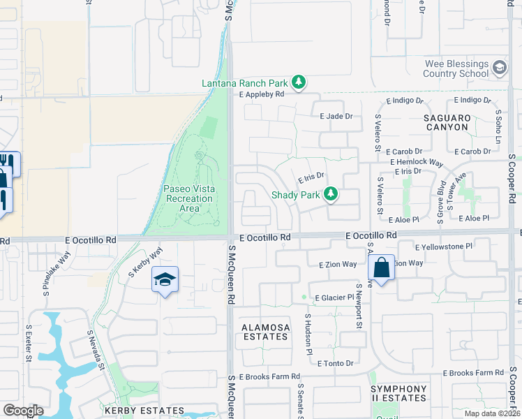 map of restaurants, bars, coffee shops, grocery stores, and more near 3855 South McQueen Road in Chandler
