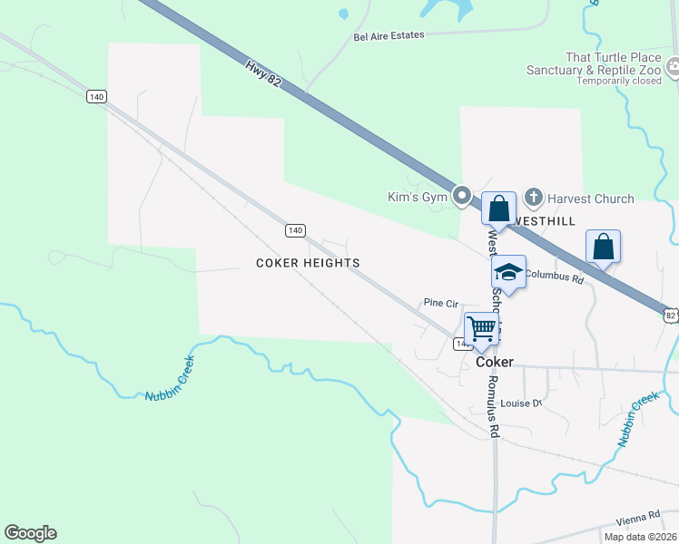map of restaurants, bars, coffee shops, grocery stores, and more near 14820 Highway 82 West in Coker