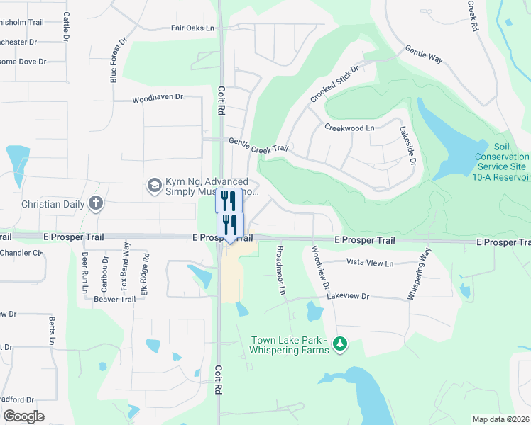 map of restaurants, bars, coffee shops, grocery stores, and more near 870 Wind Brook Lane in Prosper