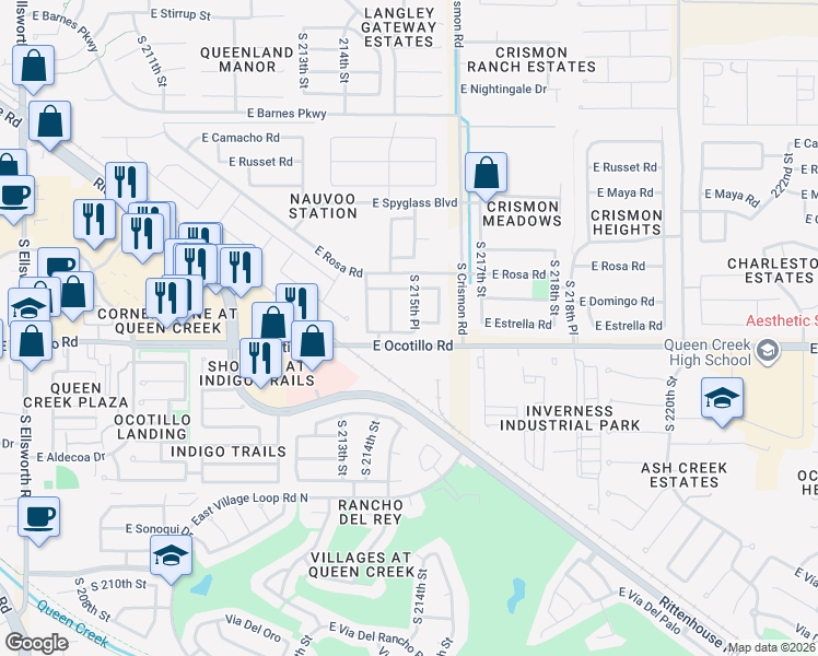 map of restaurants, bars, coffee shops, grocery stores, and more near 21942 South 215th Place in Queen Creek