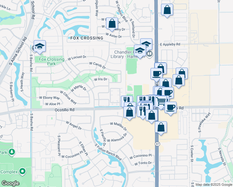 map of restaurants, bars, coffee shops, grocery stores, and more near 3949 South Illinois Street in Chandler