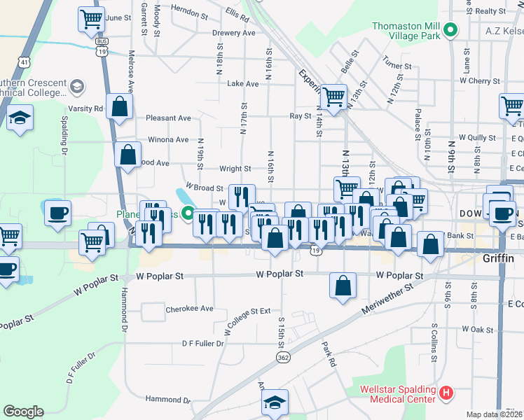 map of restaurants, bars, coffee shops, grocery stores, and more near 1009 West Solomon Street in Griffin