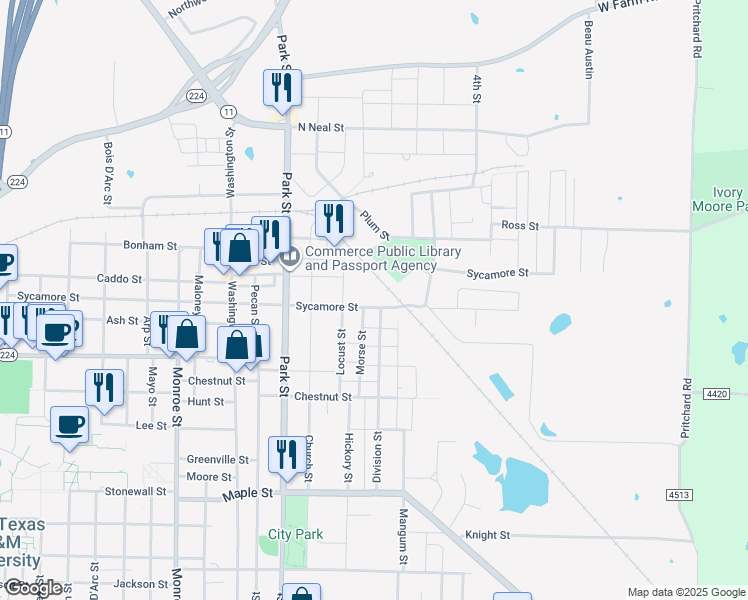map of restaurants, bars, coffee shops, grocery stores, and more near 800 Sycamore Street in Commerce