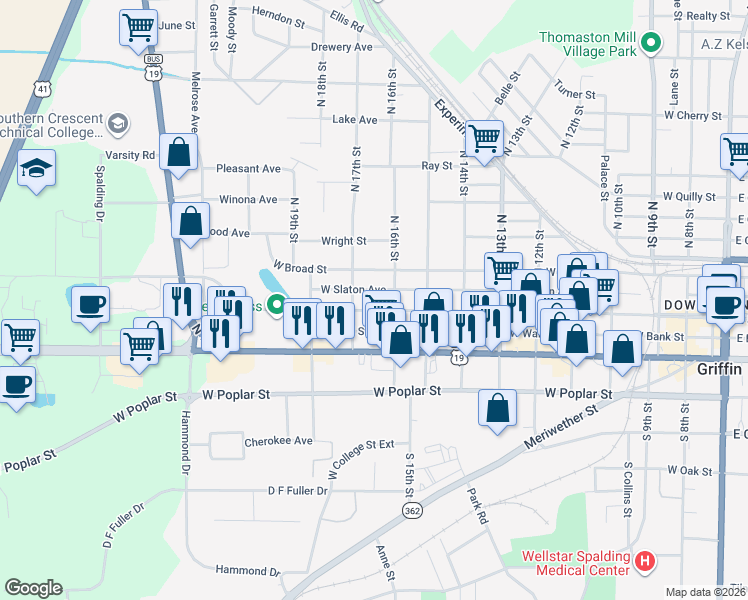 map of restaurants, bars, coffee shops, grocery stores, and more near 1009 West Solomon Street in Griffin