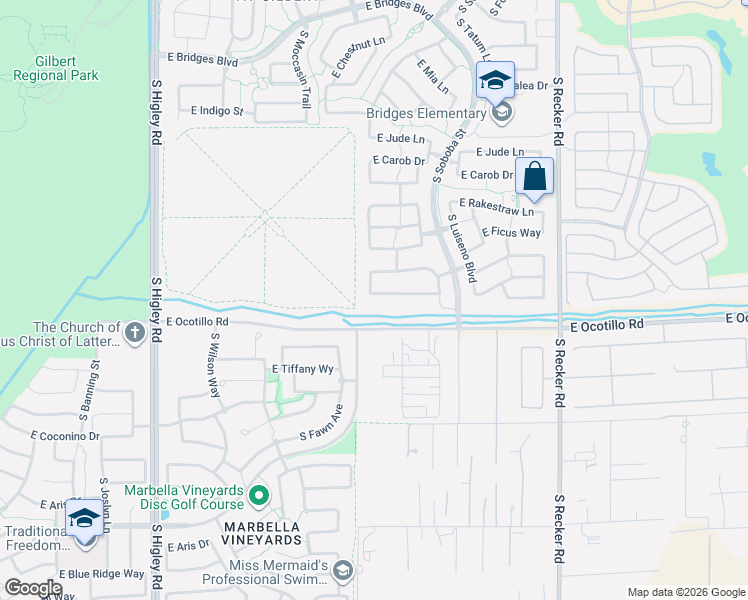 map of restaurants, bars, coffee shops, grocery stores, and more near 3637 East Blue Spruce Lane in Gilbert