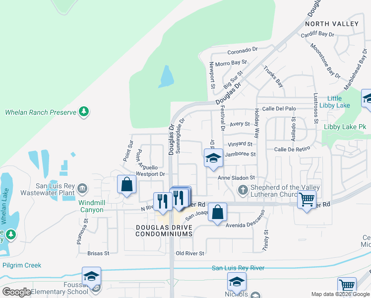 map of restaurants, bars, coffee shops, grocery stores, and more near 4456 La Quinta Place in Oceanside