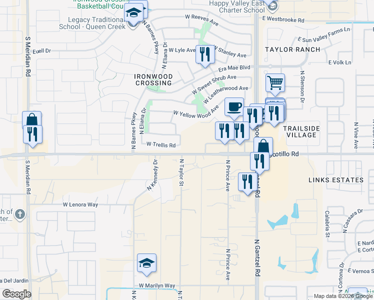 map of restaurants, bars, coffee shops, grocery stores, and more near 621 West Trellis Road in San Tan Valley