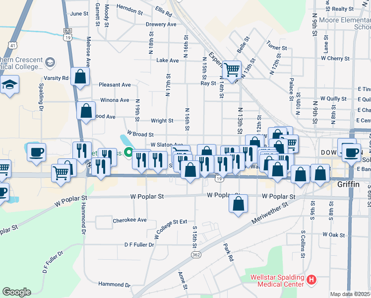 map of restaurants, bars, coffee shops, grocery stores, and more near 923 West Solomon Street in Griffin