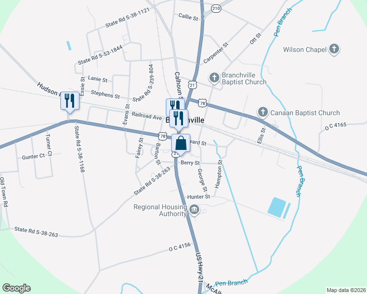 map of restaurants, bars, coffee shops, grocery stores, and more near 7635 Freedom Road in Branchville