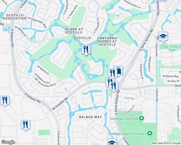 map of restaurants, bars, coffee shops, grocery stores, and more near 3800 South Cantabria Circle in Chandler