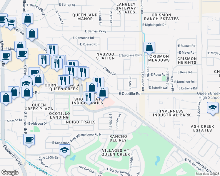 map of restaurants, bars, coffee shops, grocery stores, and more near 21399 East Estrella Court in Queen Creek
