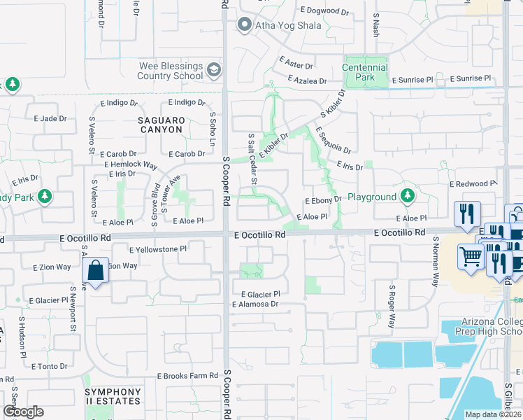 map of restaurants, bars, coffee shops, grocery stores, and more near 2145 East Ebony Drive in Chandler