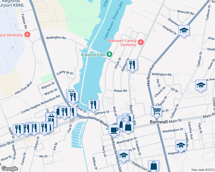map of restaurants, bars, coffee shops, grocery stores, and more near 25 Robin Road in Barnwell