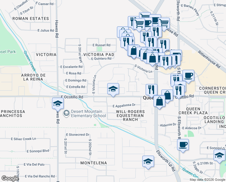 map of restaurants, bars, coffee shops, grocery stores, and more near 20384 East Broadmoor Trail in Queen Creek