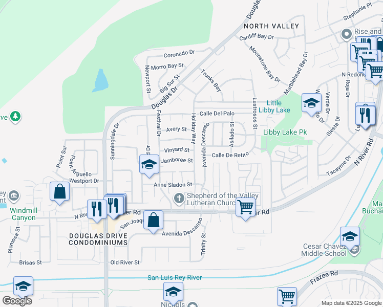 map of restaurants, bars, coffee shops, grocery stores, and more near 4609 Vinyard Street in Oceanside