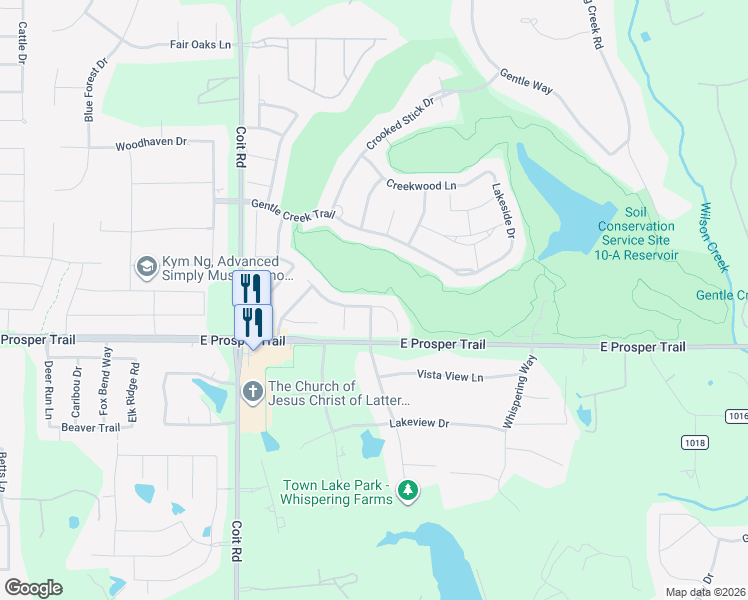 map of restaurants, bars, coffee shops, grocery stores, and more near 861 Woodview Drive in Prosper