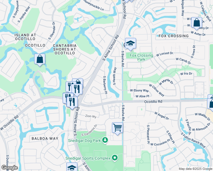 map of restaurants, bars, coffee shops, grocery stores, and more near 3811 South Barberry Place in Chandler