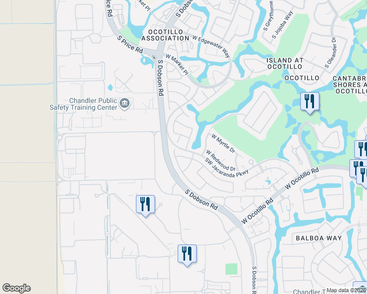 map of restaurants, bars, coffee shops, grocery stores, and more near 2384 West Olive Way in Chandler