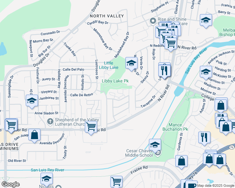map of restaurants, bars, coffee shops, grocery stores, and more near 4750 Calle Las Positas in Oceanside