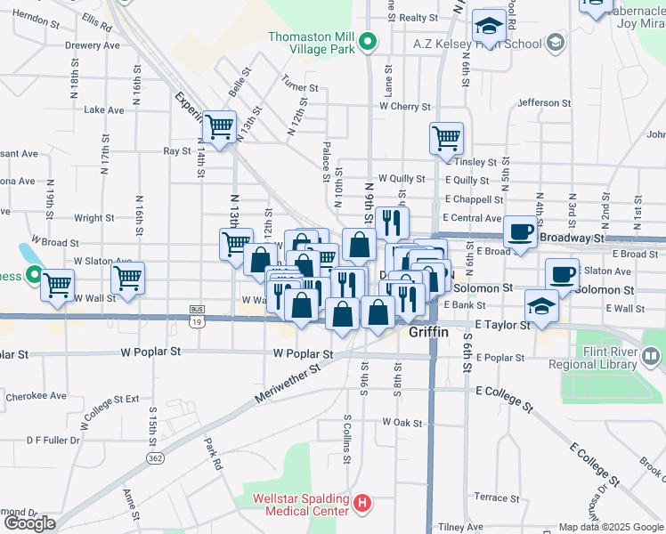 map of restaurants, bars, coffee shops, grocery stores, and more near 110 North 10th Street in Griffin