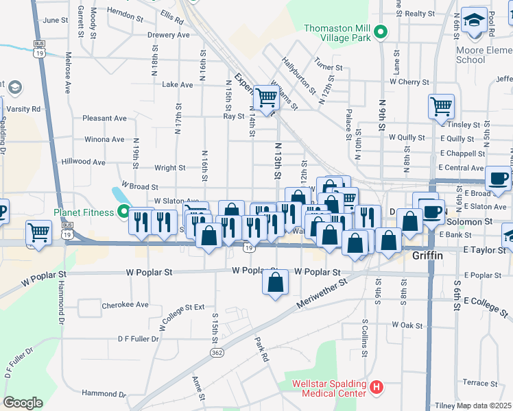 map of restaurants, bars, coffee shops, grocery stores, and more near 721 West Solomon Street in Griffin
