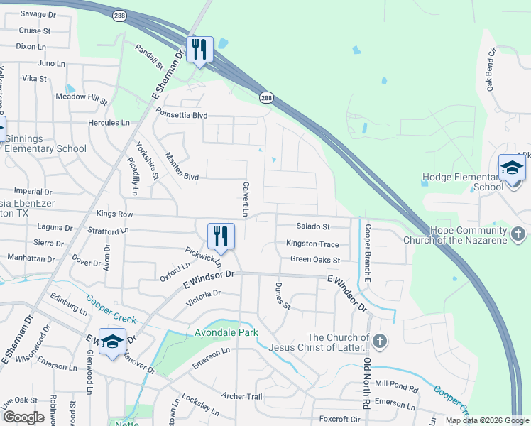 map of restaurants, bars, coffee shops, grocery stores, and more near 2200 Kings Row in Denton