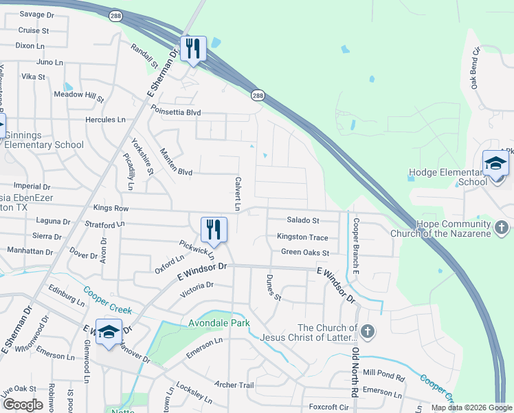 map of restaurants, bars, coffee shops, grocery stores, and more near 2200 Kings Row in Denton