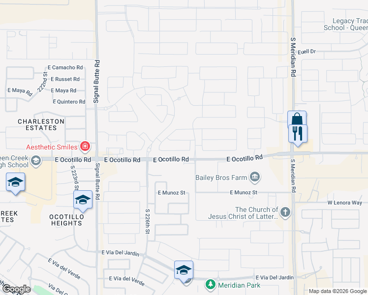 map of restaurants, bars, coffee shops, grocery stores, and more near 22748 East Estrella Road in Queen Creek