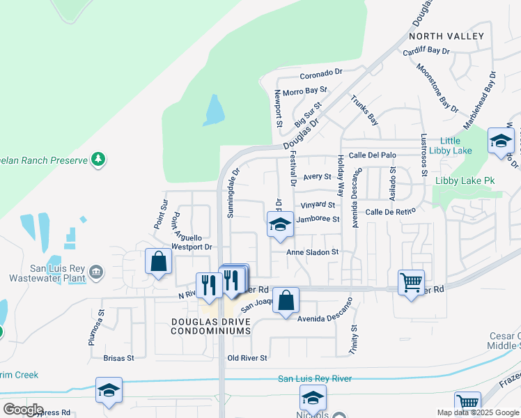 map of restaurants, bars, coffee shops, grocery stores, and more near 4499 Pebble Beach Drive in Oceanside