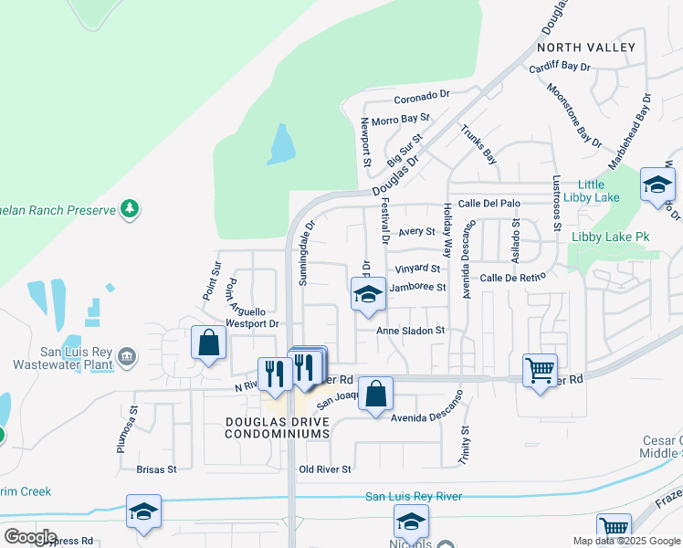 map of restaurants, bars, coffee shops, grocery stores, and more near 4499 Pebble Beach Drive in Oceanside
