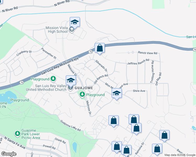 map of restaurants, bars, coffee shops, grocery stores, and more near Old Ranch Road & Mission Meadows Drive in Oceanside