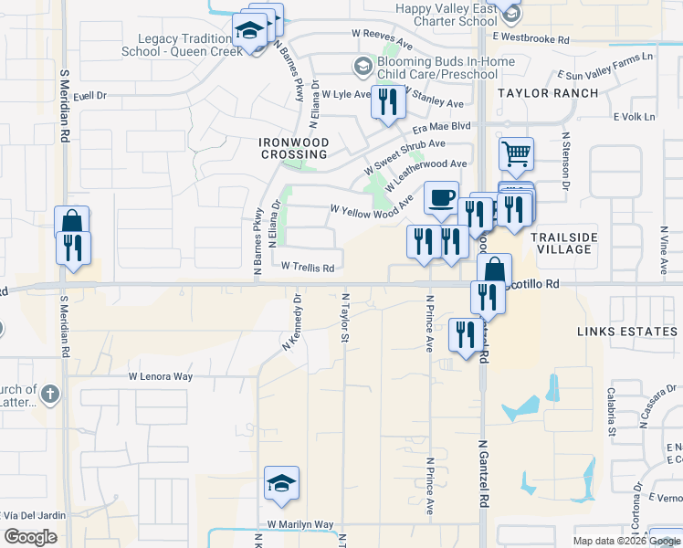 map of restaurants, bars, coffee shops, grocery stores, and more near 621 West Trellis Road in San Tan Valley