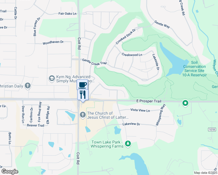 map of restaurants, bars, coffee shops, grocery stores, and more near 2700 Meadow Ridge Drive in Prosper
