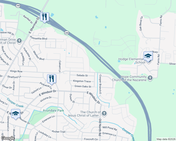 map of restaurants, bars, coffee shops, grocery stores, and more near 2401 Salado Street in Denton