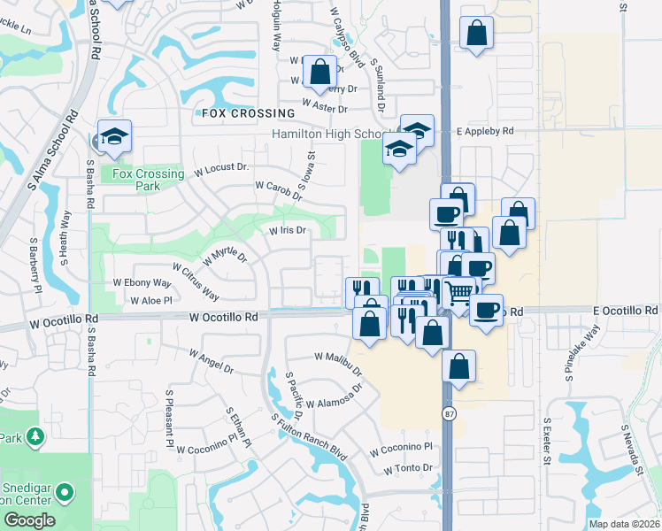 map of restaurants, bars, coffee shops, grocery stores, and more near 3949 South Illinois Street in Chandler