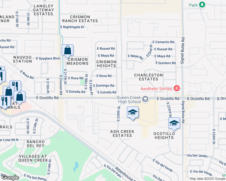 map of restaurants, bars, coffee shops, grocery stores, and more near 21984 East Estrella Road in Queen Creek