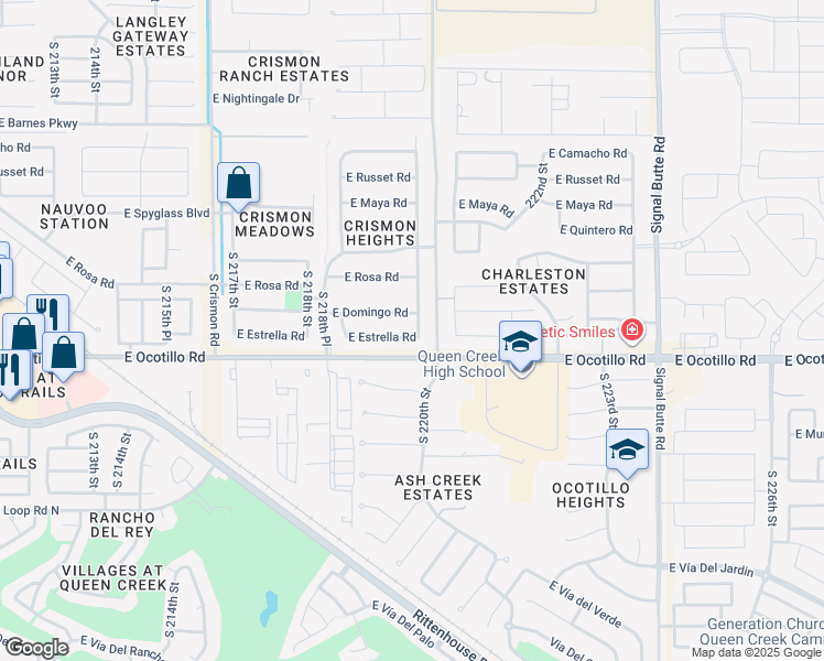 map of restaurants, bars, coffee shops, grocery stores, and more near 21979 South 219th Place in Queen Creek