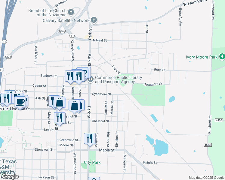 map of restaurants, bars, coffee shops, grocery stores, and more near 800 Sycamore Street in Commerce