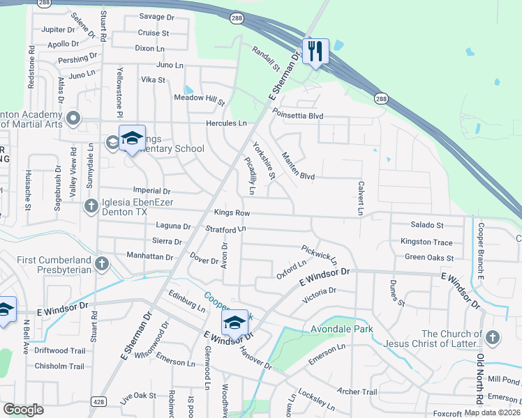 map of restaurants, bars, coffee shops, grocery stores, and more near 1414 Kings Row in Denton