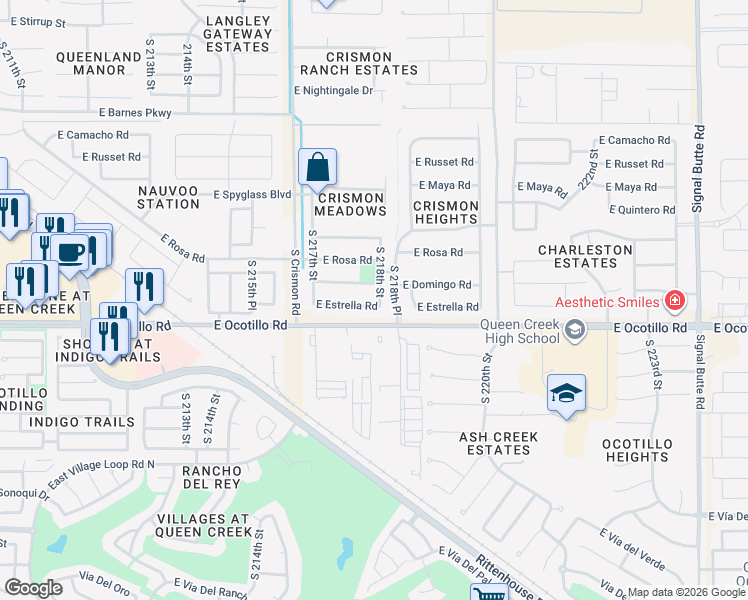 map of restaurants, bars, coffee shops, grocery stores, and more near 21997 South 218th Street in Queen Creek
