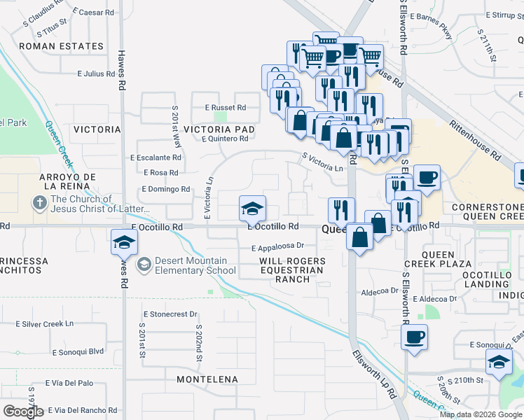 map of restaurants, bars, coffee shops, grocery stores, and more near 20384 East Broadmoor Trail in Queen Creek