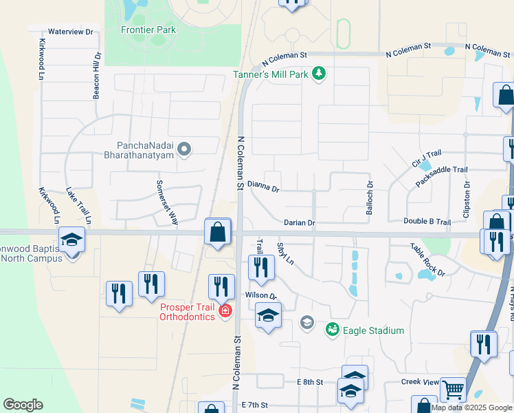 map of restaurants, bars, coffee shops, grocery stores, and more near 150 Darian Drive in Prosper